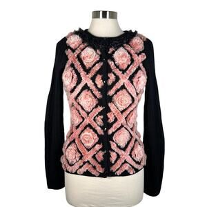 Campo De Fiori Women's Floral Faux Fur Knitted Cardigan Sweater S Black Pink
